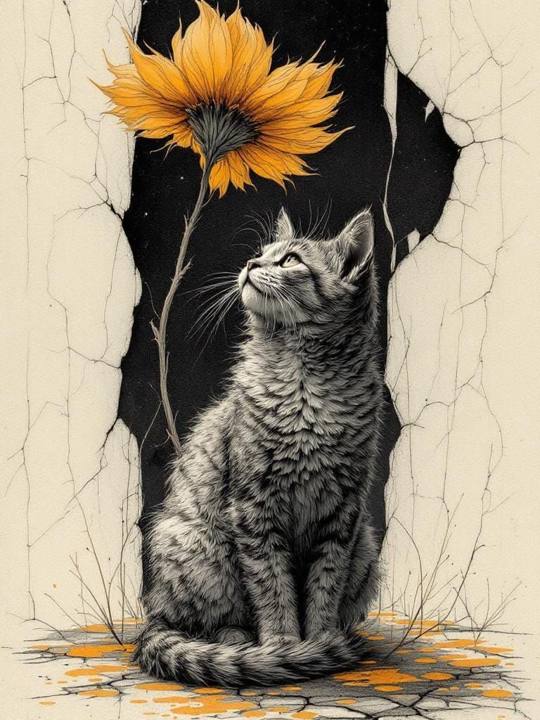 Cat Under Flower in Scrimshaw Style