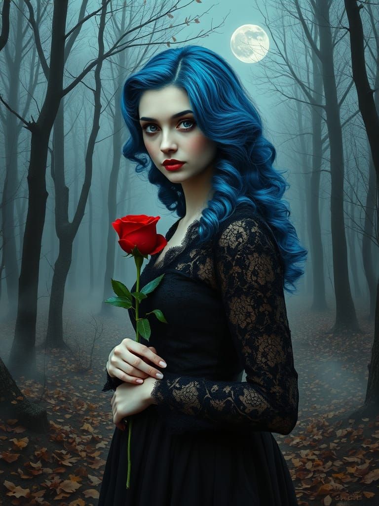 Gothic Woman with Red Rose in Autumn Forest