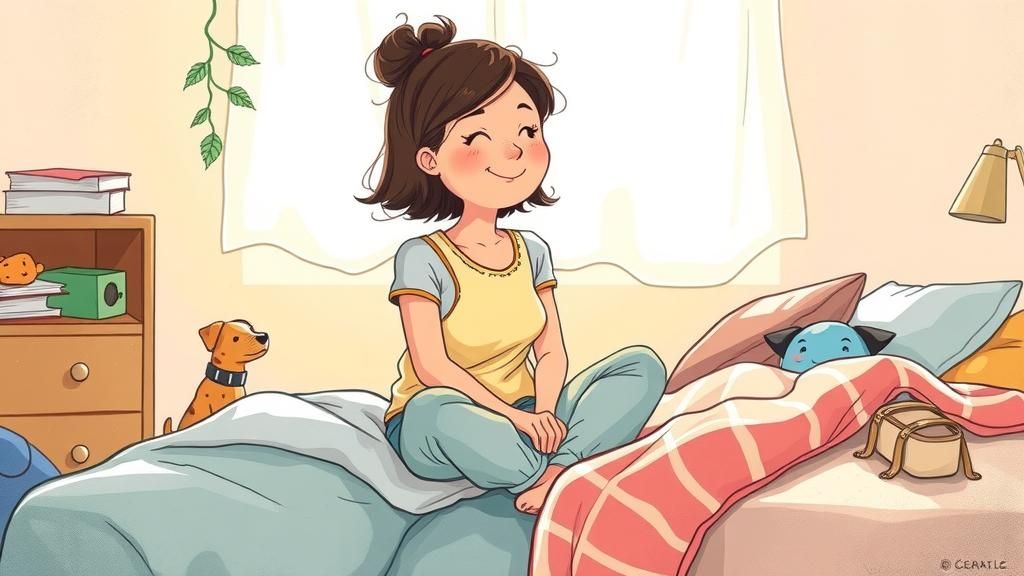 a mother sitting to the edge of a bed carton styl