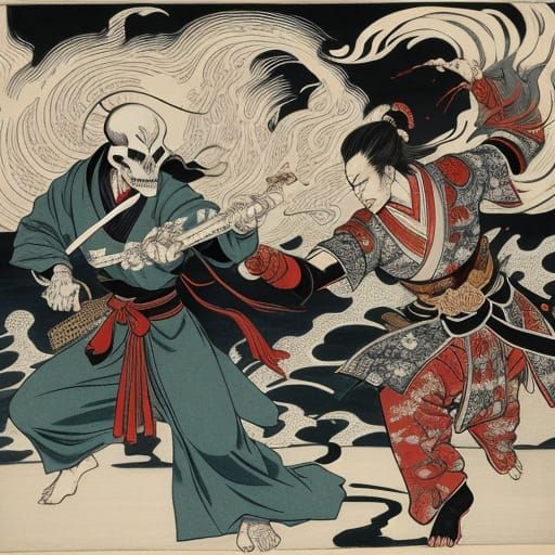 Samurai Takiyasha Battles Skeleton Spectre in Ukiyo-e Style
