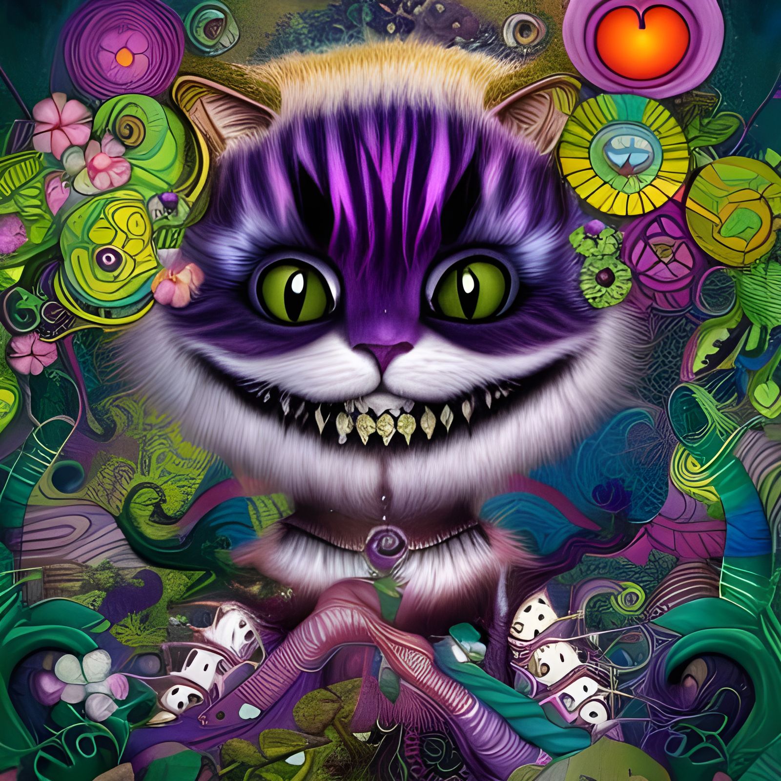 Psychedelic Yarn Cheshire Cat Storybook Illustration