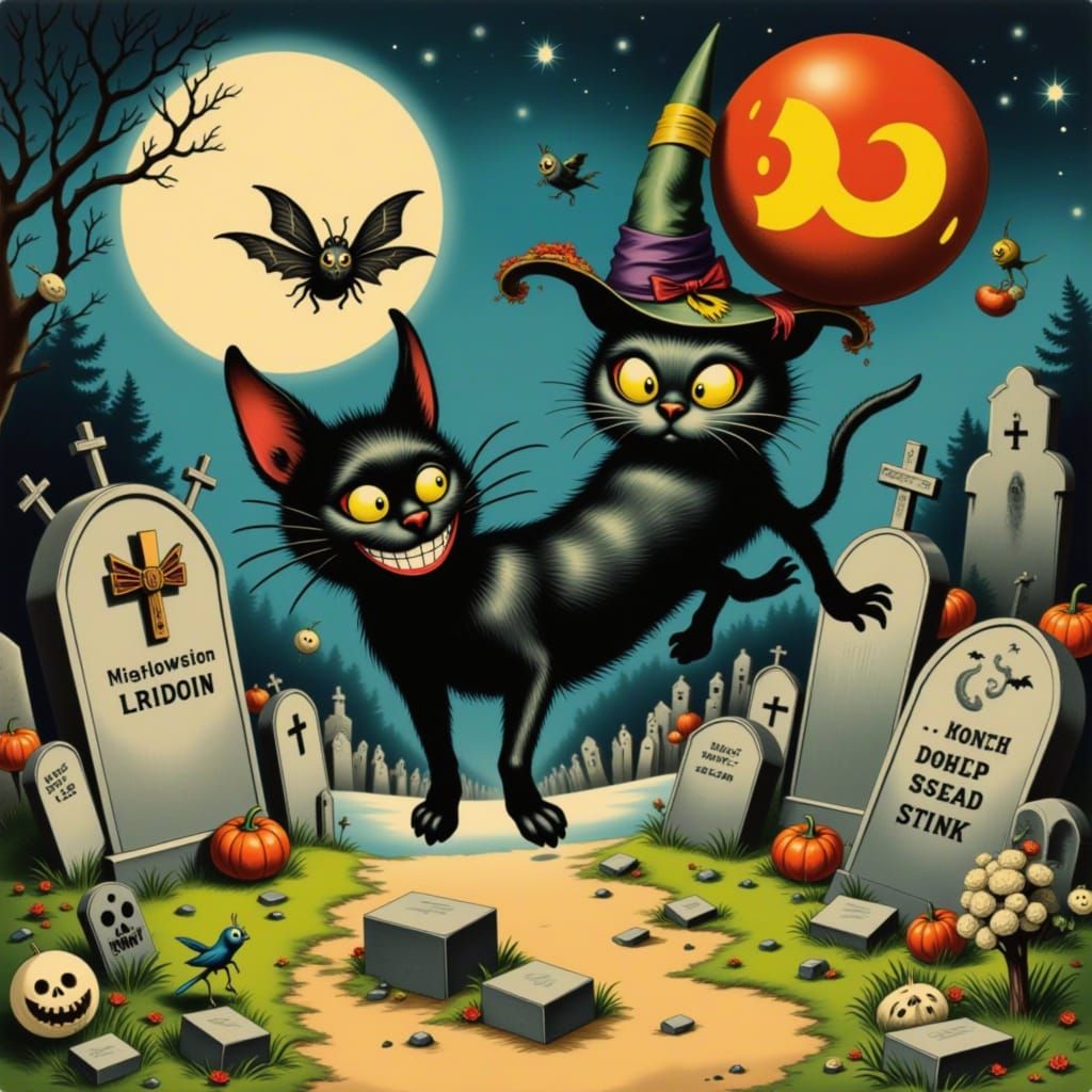 Mischievous Cat Chases Moth in Moonlit Graveyard