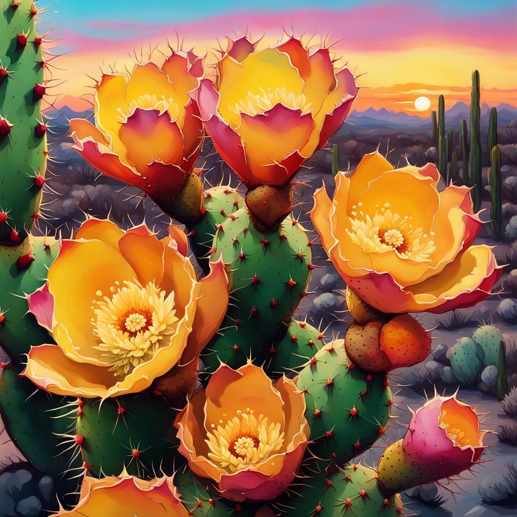 Prickly Pear Cactus Sunset in Graffiti Art Style