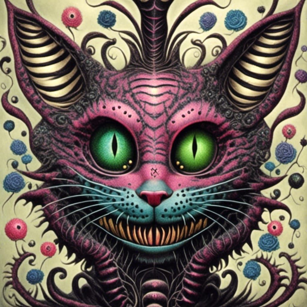 Cheshire Cat on Black Flowers