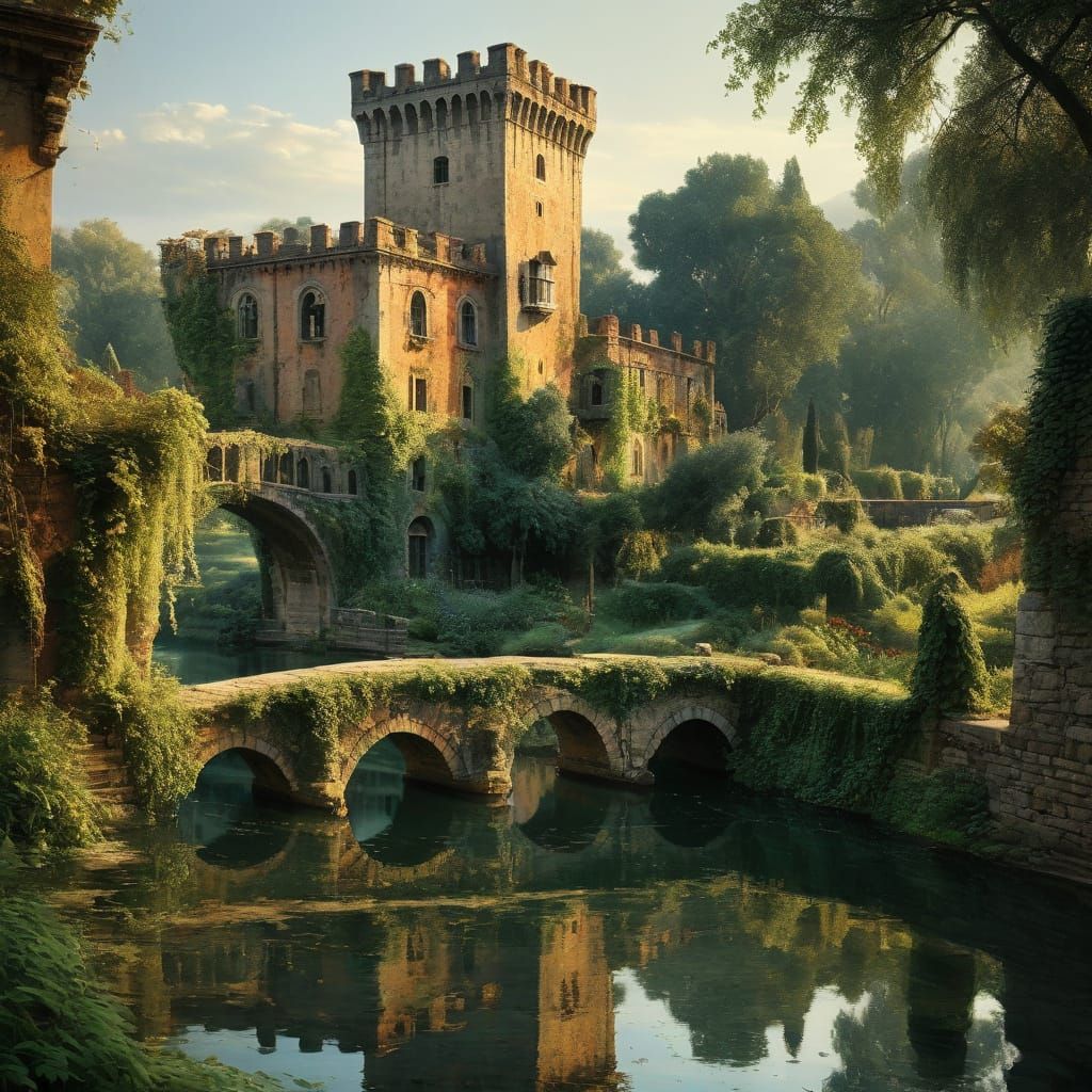Ancient Italian Tower with Bridge Over River in Warm Golden ...