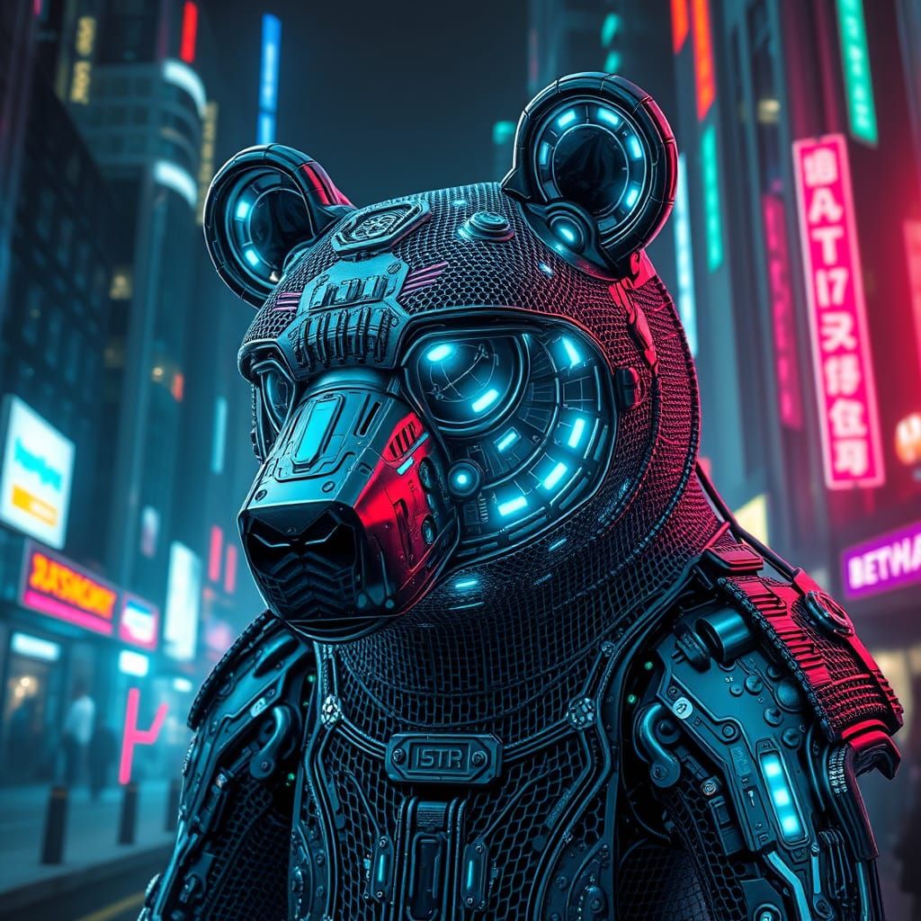 Cybernetic Bear in Dystopian Cityscape