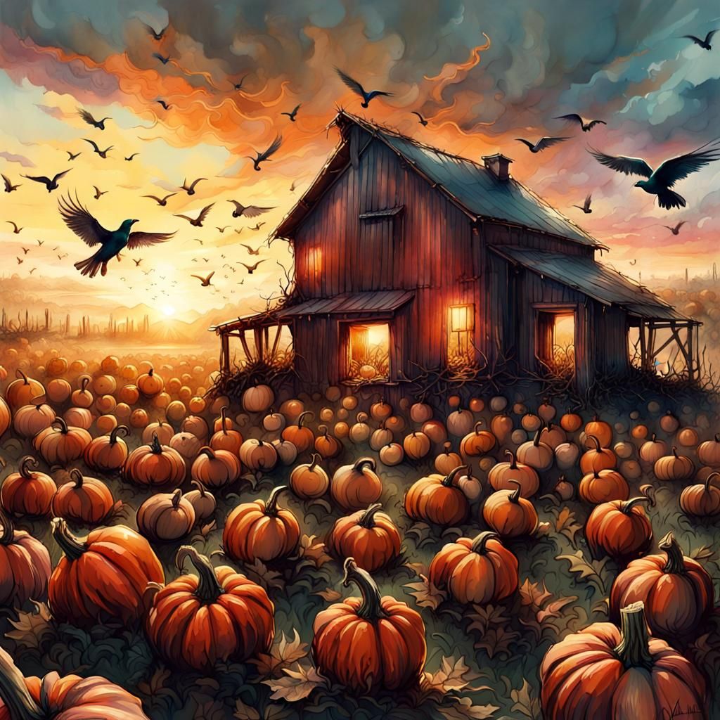 Beautiful Pumpkin Patch at Sunset: Fantasy Illustration