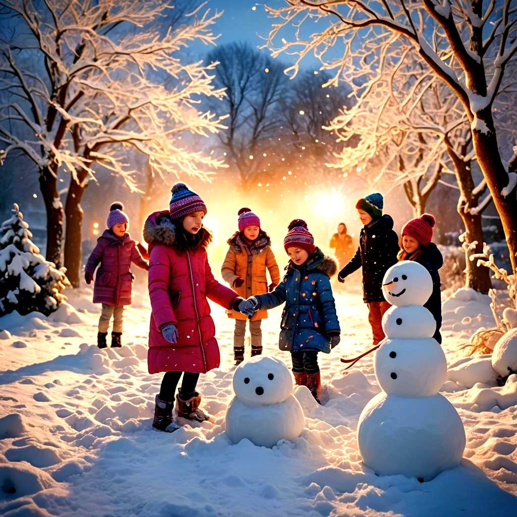 Children in Winter Wonderland, Hyperrealistic Style