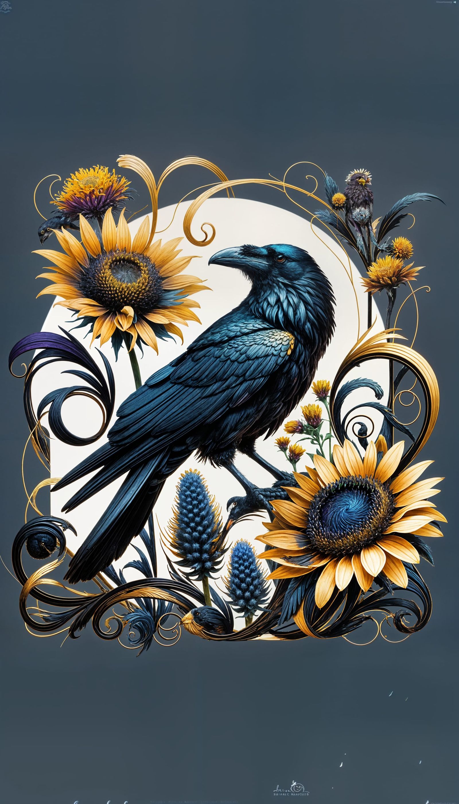 Elegant Raven on Sunflower Stem in Art Nouveau Style