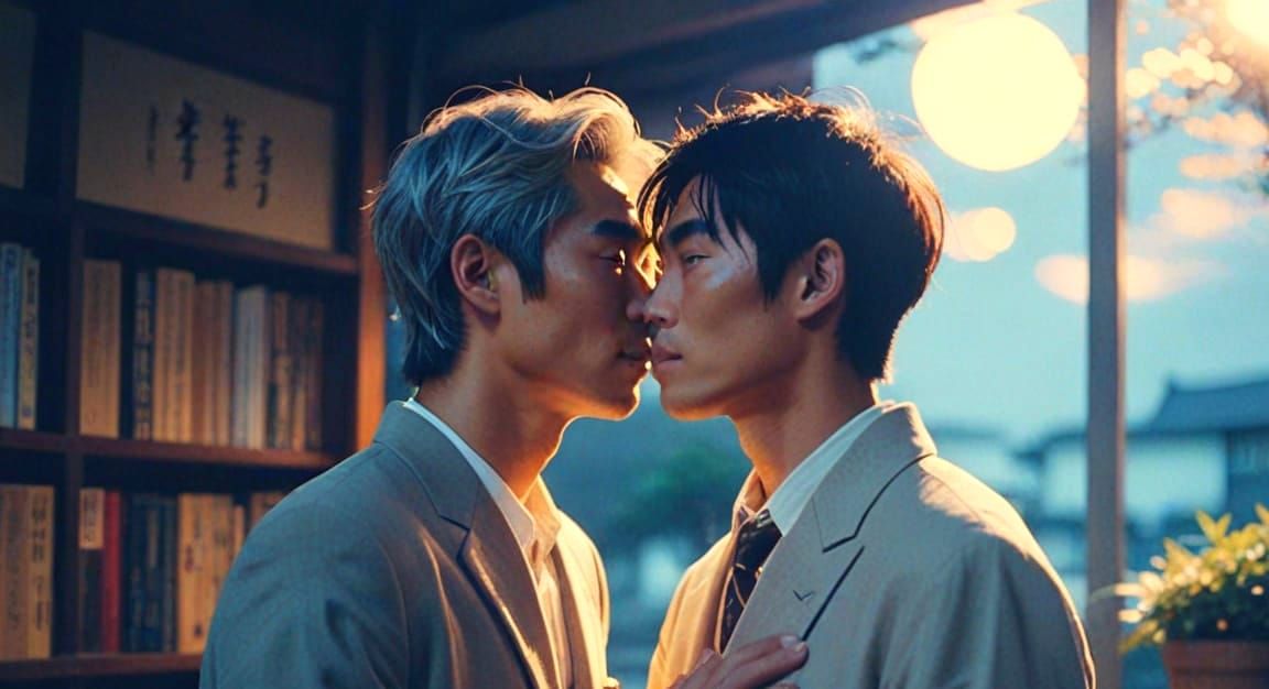 Loving Embrace: Cinematic Still of Two Japanese Men
