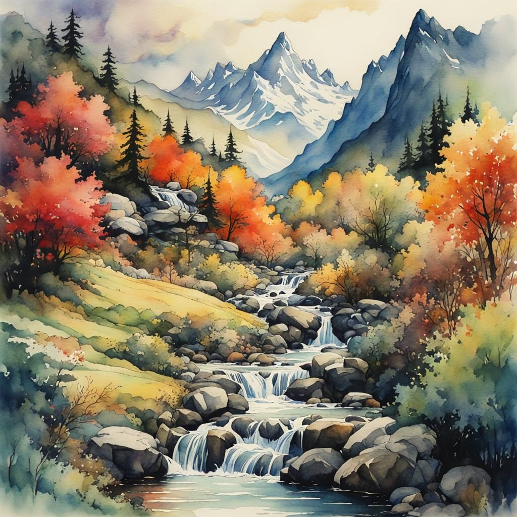 Anime Stream in Arthur Rackham Style Watercolor