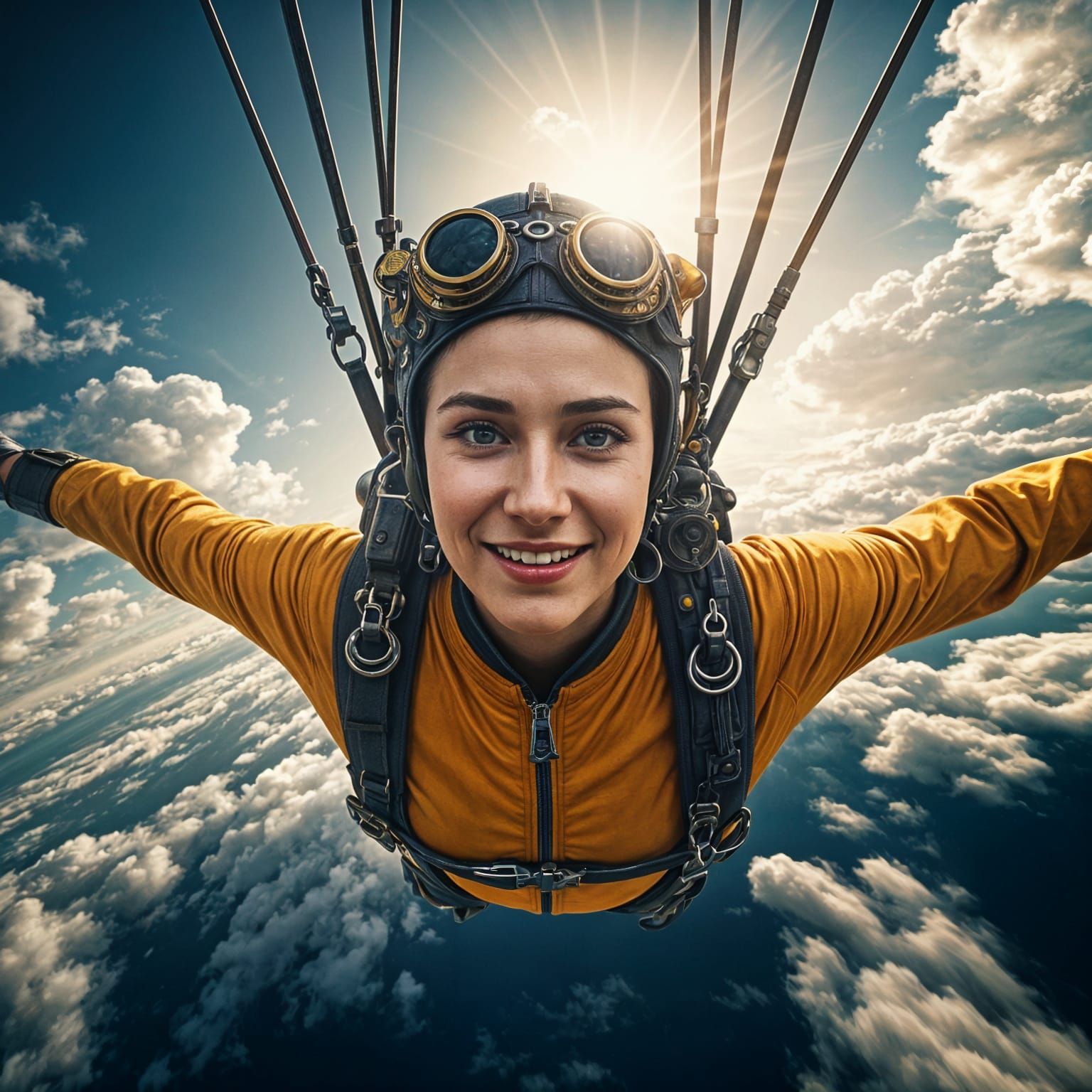 Steampunk Skydiver Descends Through Billowing Clouds