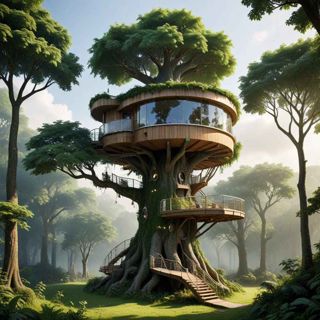 Eco-Friendly Treehouse in Futuristic Oasis