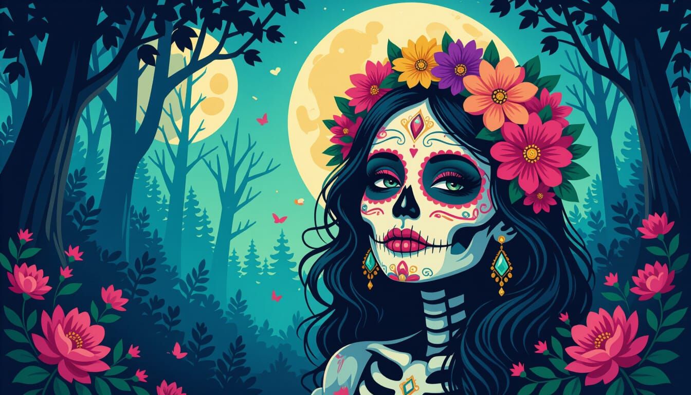 Day of the Dead Skull in a Mystical Forest