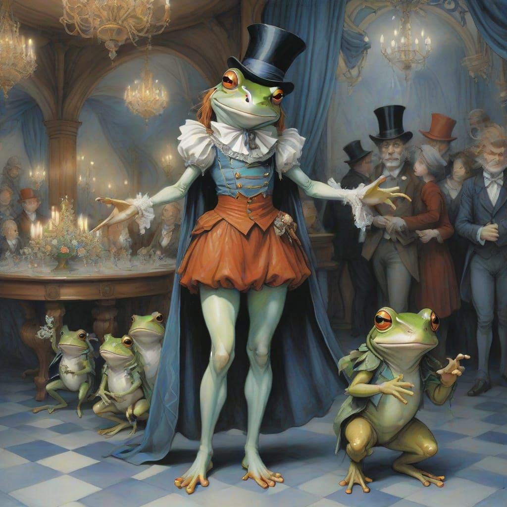 Elegant Frog in Top Hat, Surrounded by Lavish Ballroom