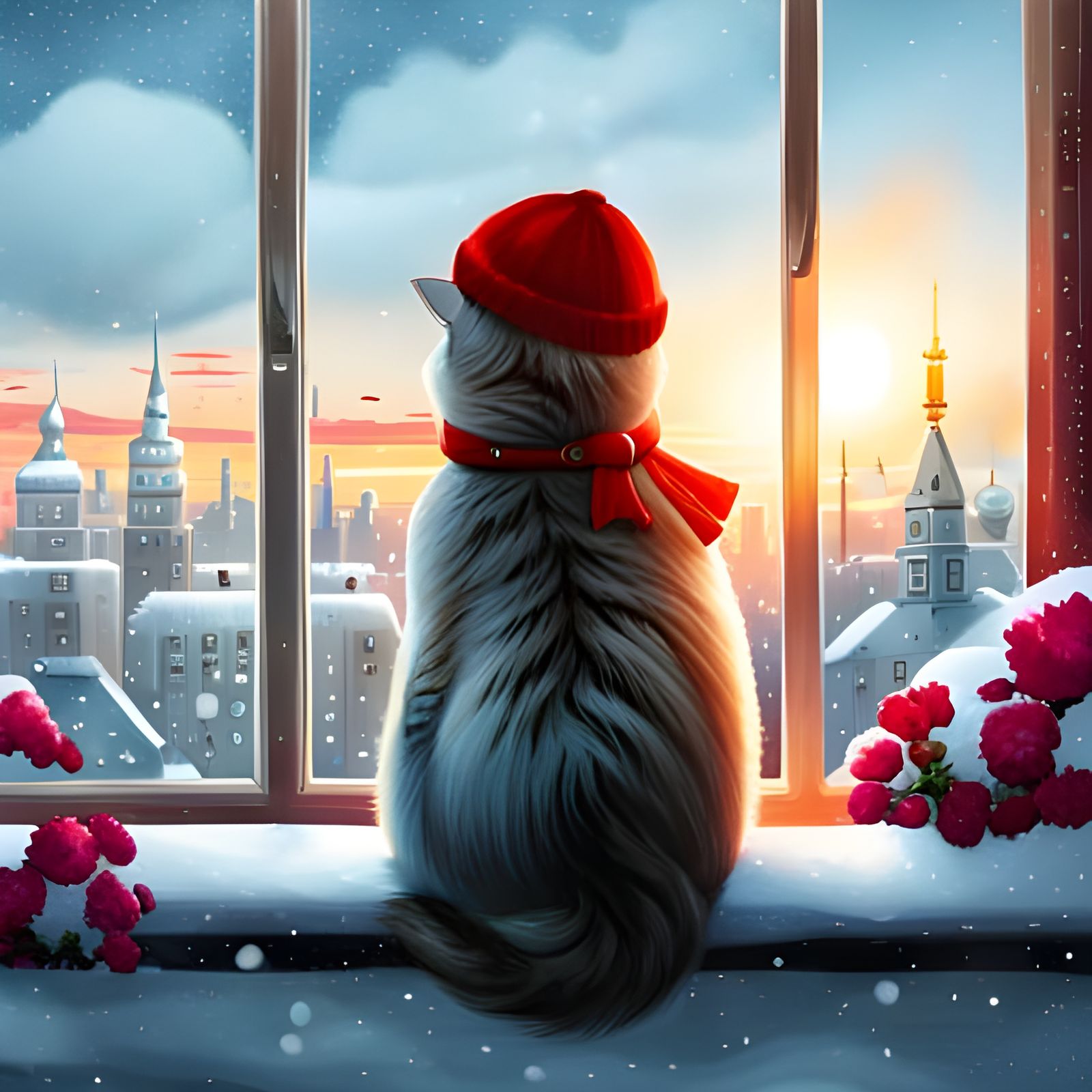 Whimsical Cat in Hat Gazing at Winter Cityscape
