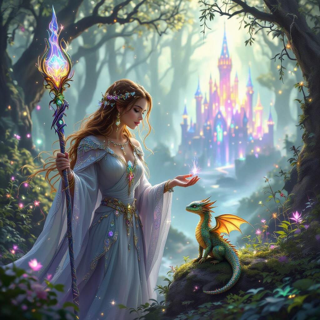 Sorceress and Tiny Dragon in Enchanted Forest