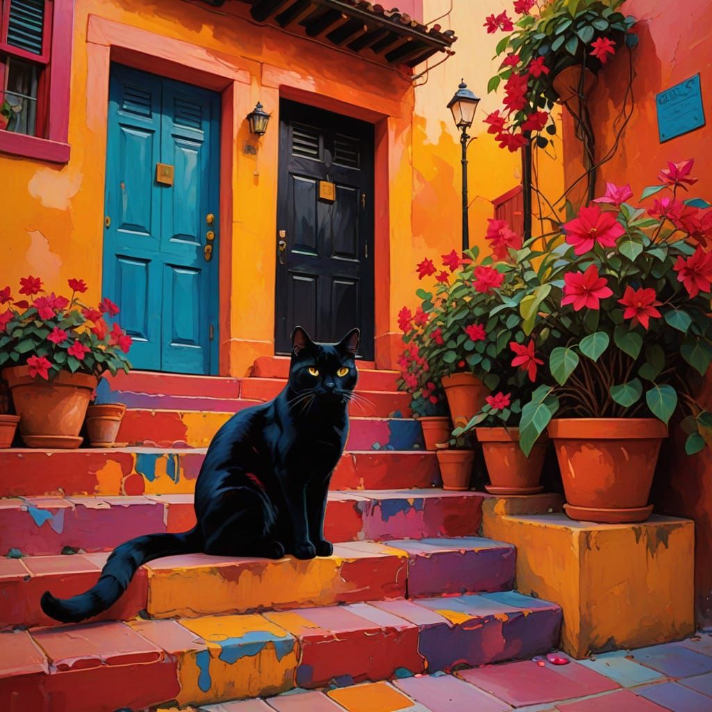 A Black Cat on the Steps
