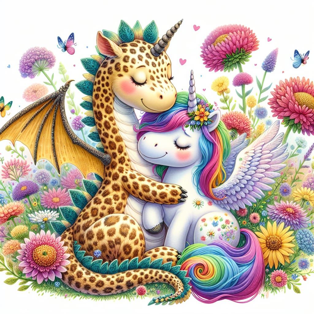Whimsical Dragon and Pegasus Unicorn Hug in Meadow