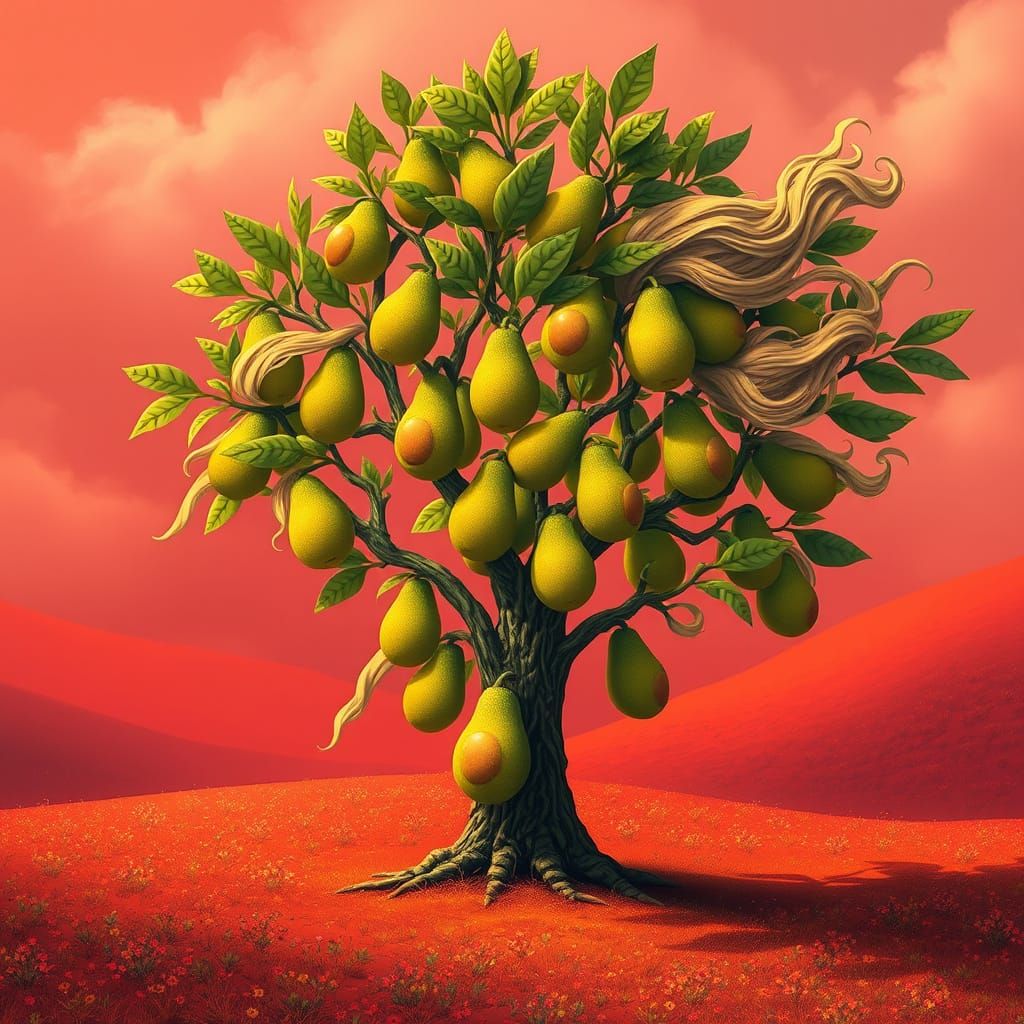 Avocado Tree in Red Landscape with Flowing Hair