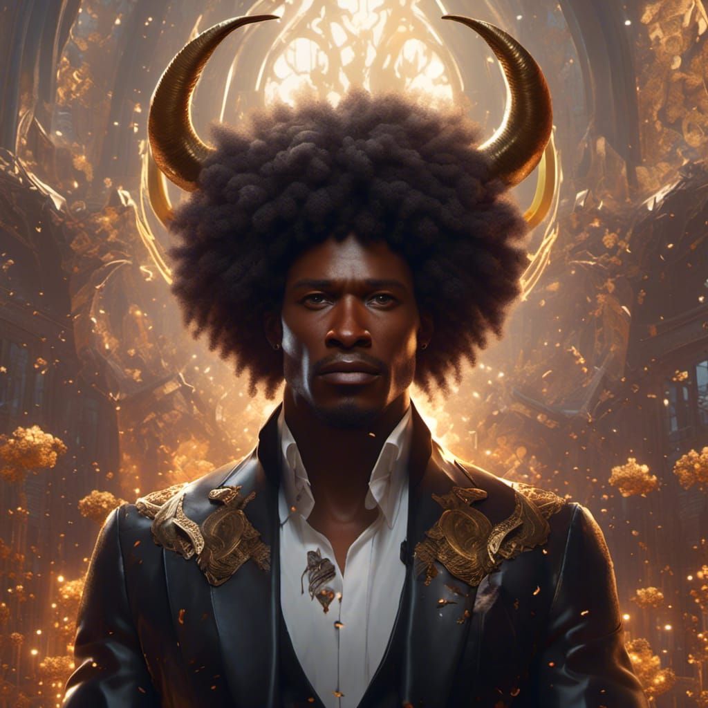 Hyperrealistic Portrait: Black Man with Afro and Horns