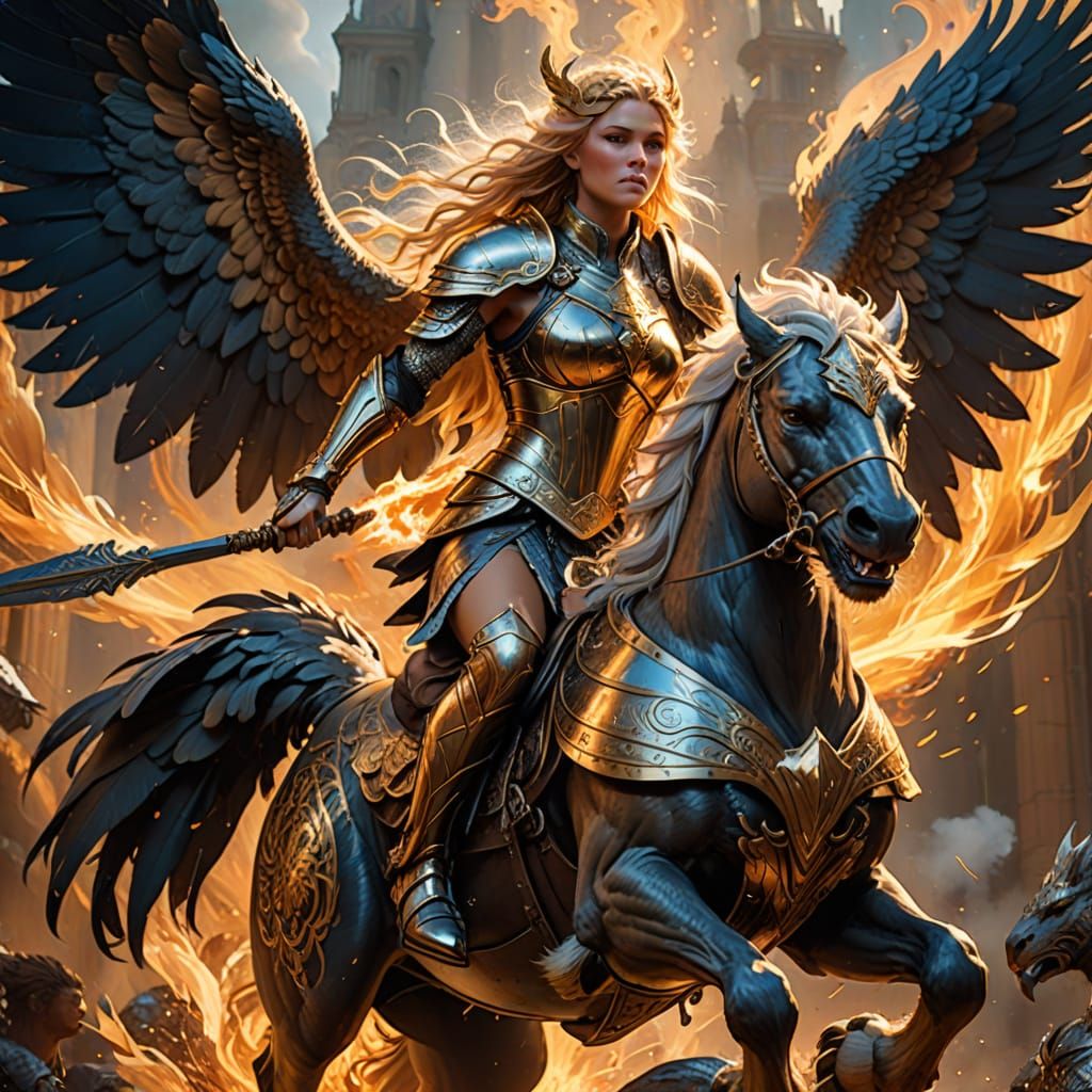 Valkyrie Warrior on Griffin in Alphonse Mucha Style
