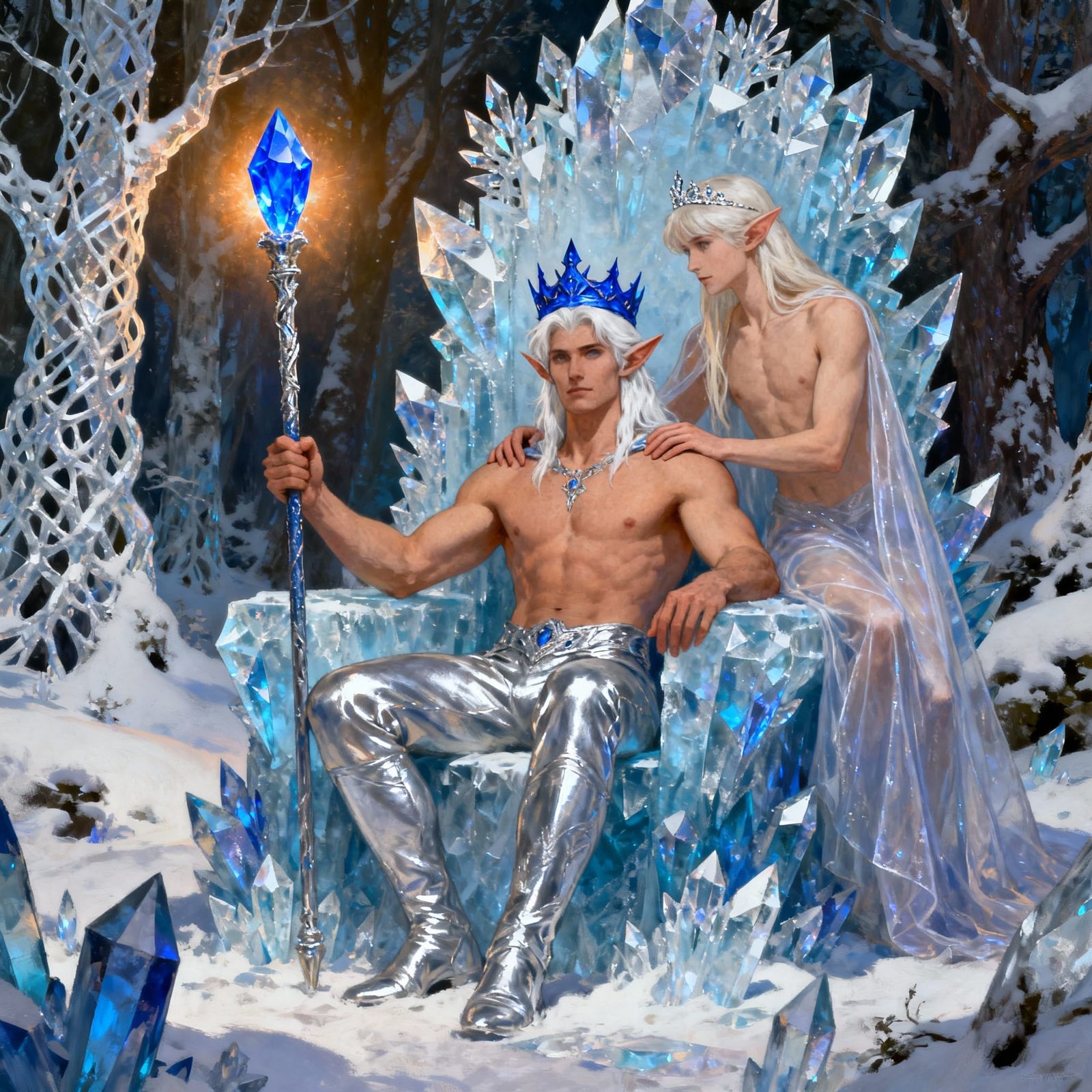 Regal Elf King and Queen on Icy Throne
