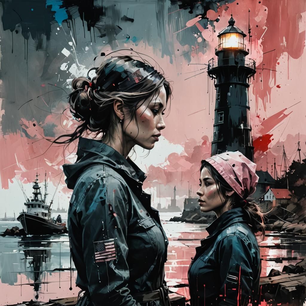 Fisherman and Wife in Harbor: Russ Mills Style