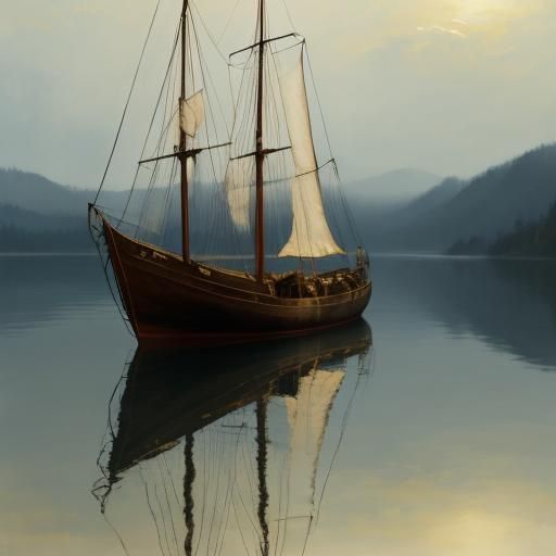 Serene Lake: Old Sailing Boat in Oil Painting Style