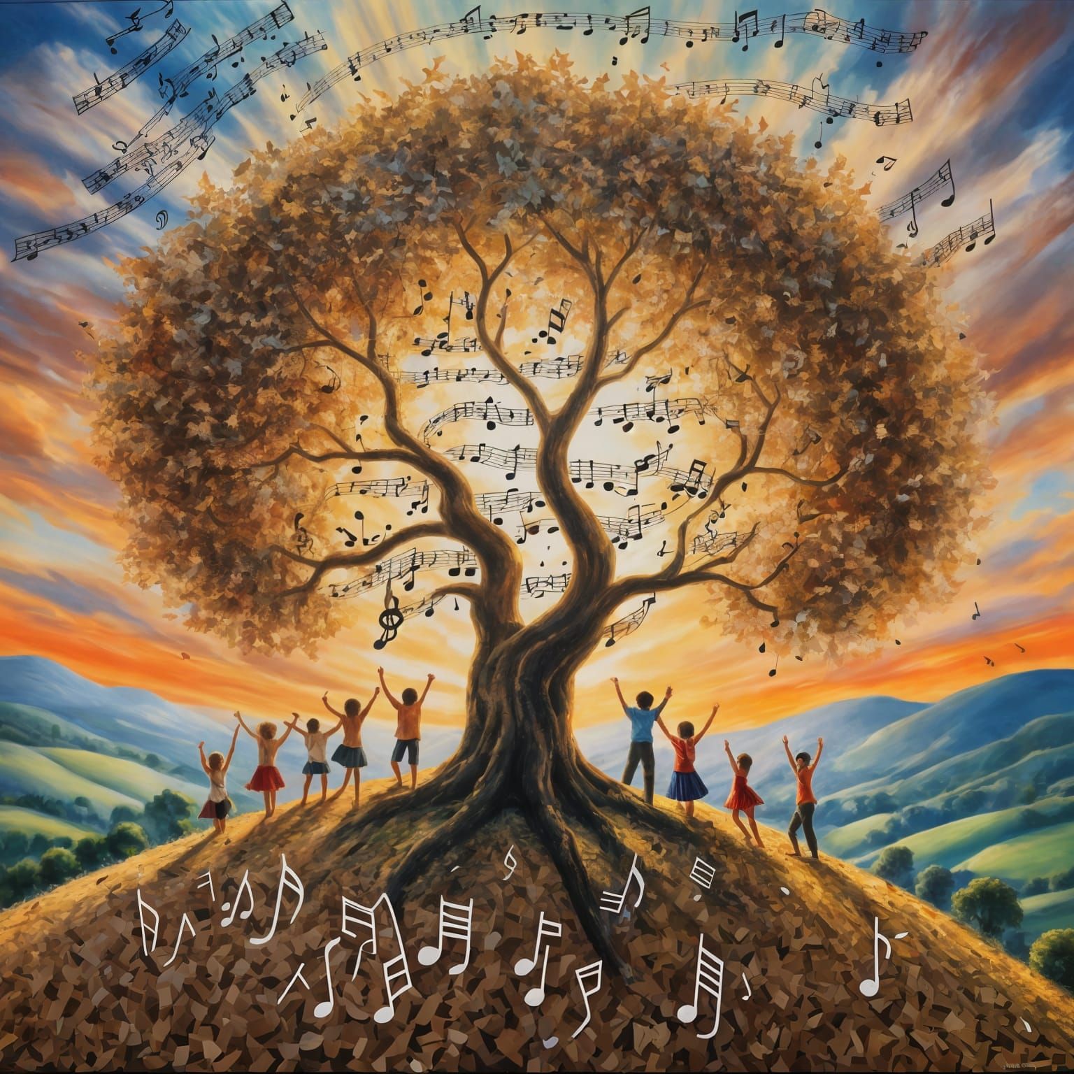 Musical Tree of Life in Impressionistic Landscape