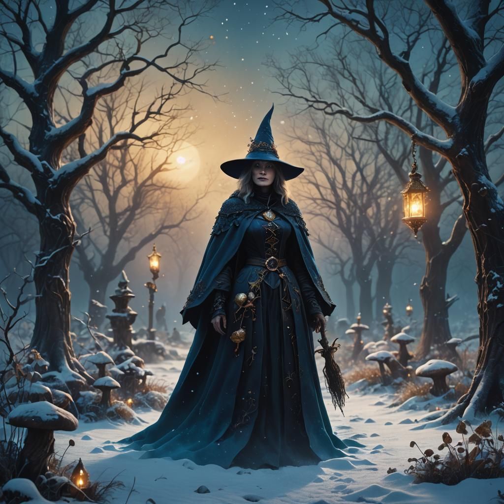 Mystical Witch Silhouette in Snowy Garden