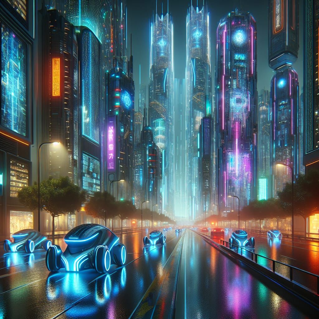 Futuristic Cityscape at Midnight in Cyberpunk Style