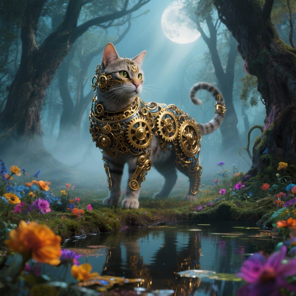 Majestic Clockwork Cat in Enchanted Forest