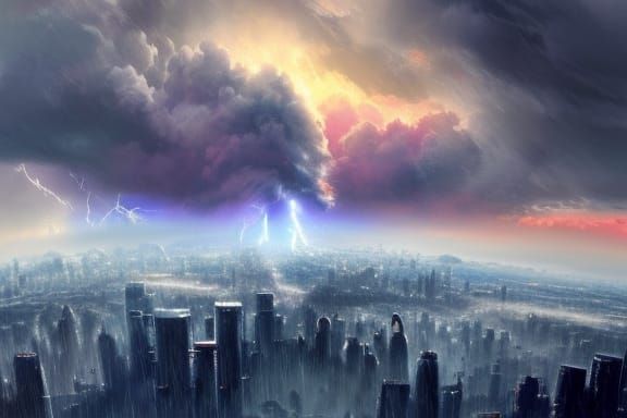 Dramatic Cloudscape Over Metropolis in Splash Art Style