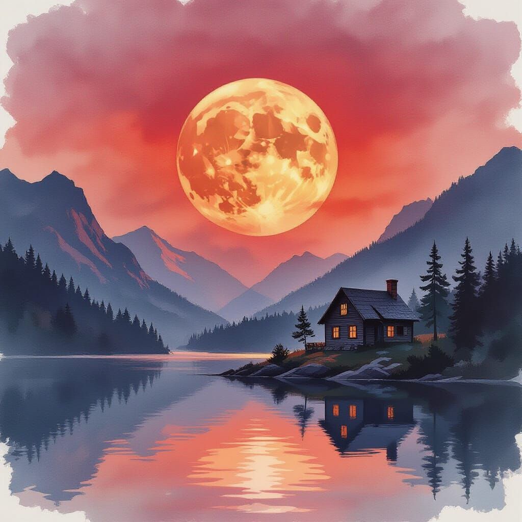 Watercolor Blood Moon Over Lake With Mountain Cabin
