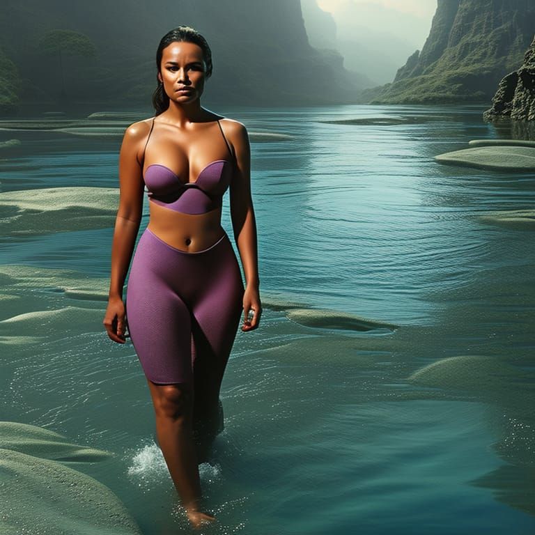 Woman Wades Through River: Digital Matte Painting