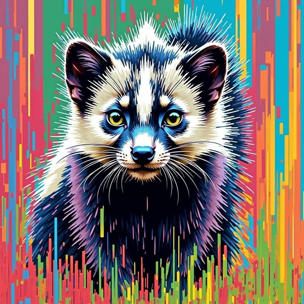 Glitch Art Skunk in Vibrant Watercolors