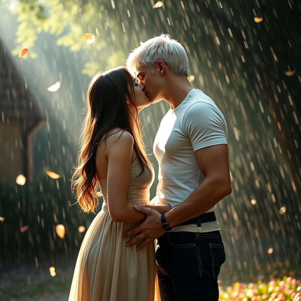 Romantic Rainy Night Kiss in Cinematic Style