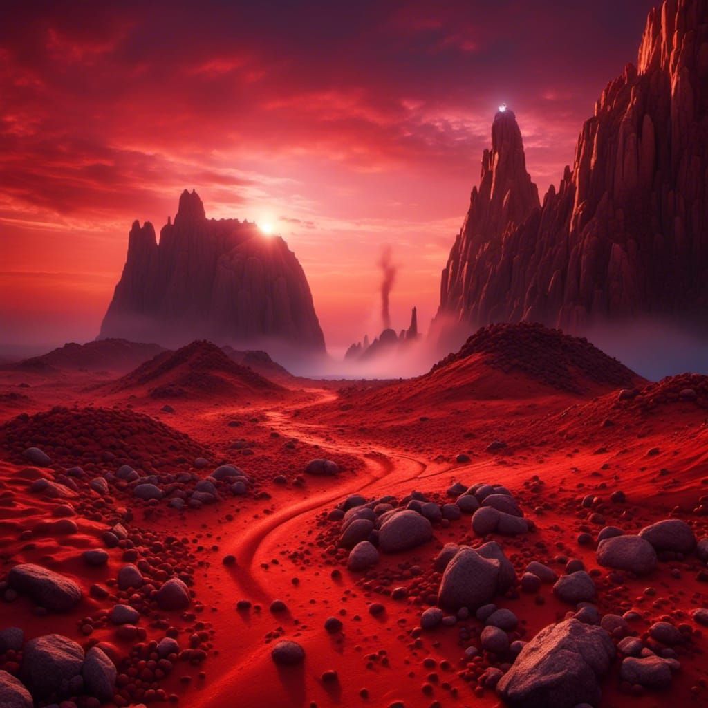 Explosion on Mars with Red Sky, Detailed Photography