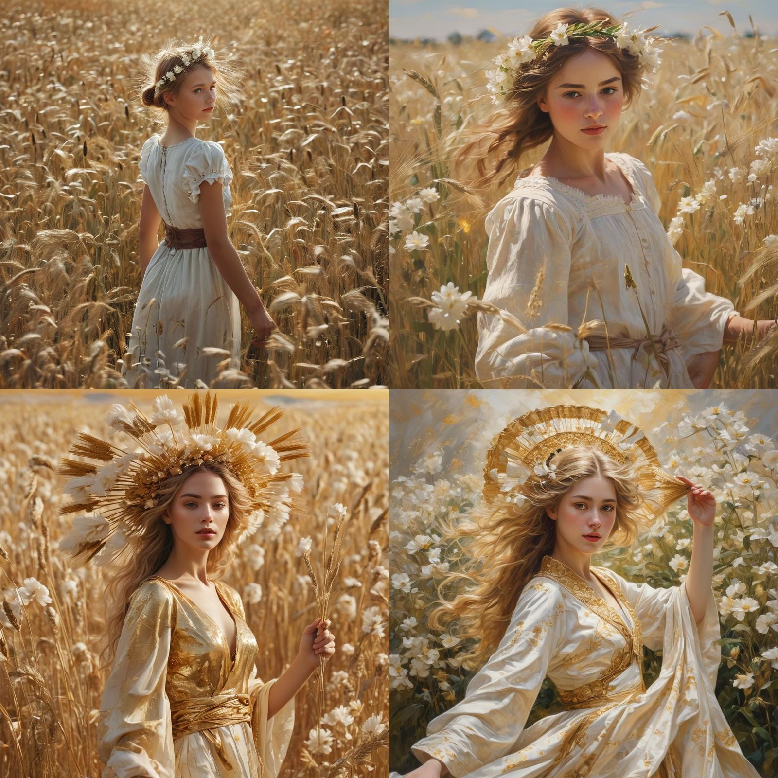 Symmetrical Girl in Gold with Wheat Crown