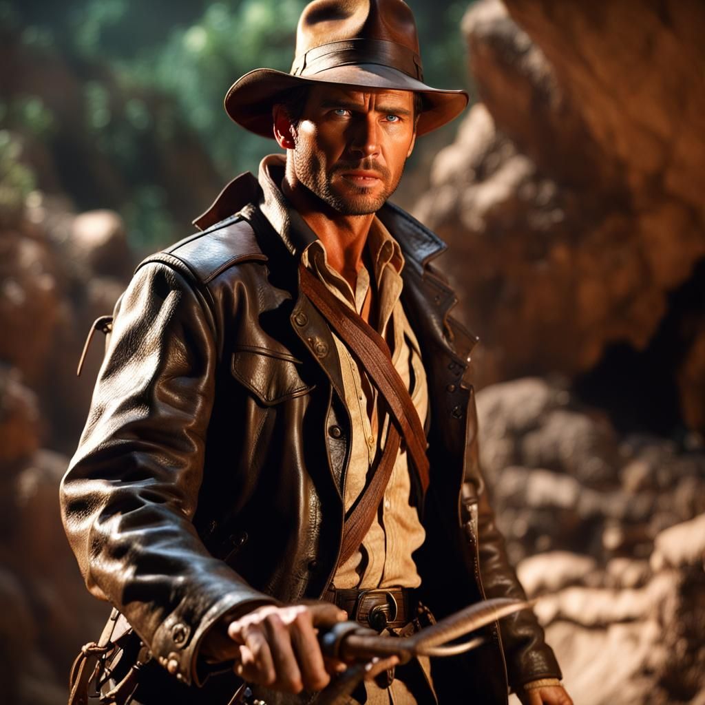 Indiana Jones in Pirate Cave, Hyper-Realistic Photo