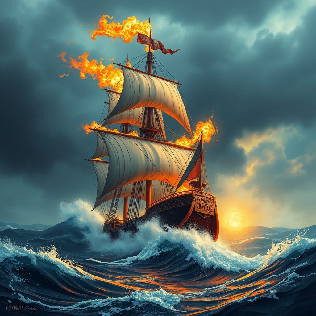 Fiery Tall Ship Battles Stormy Seas