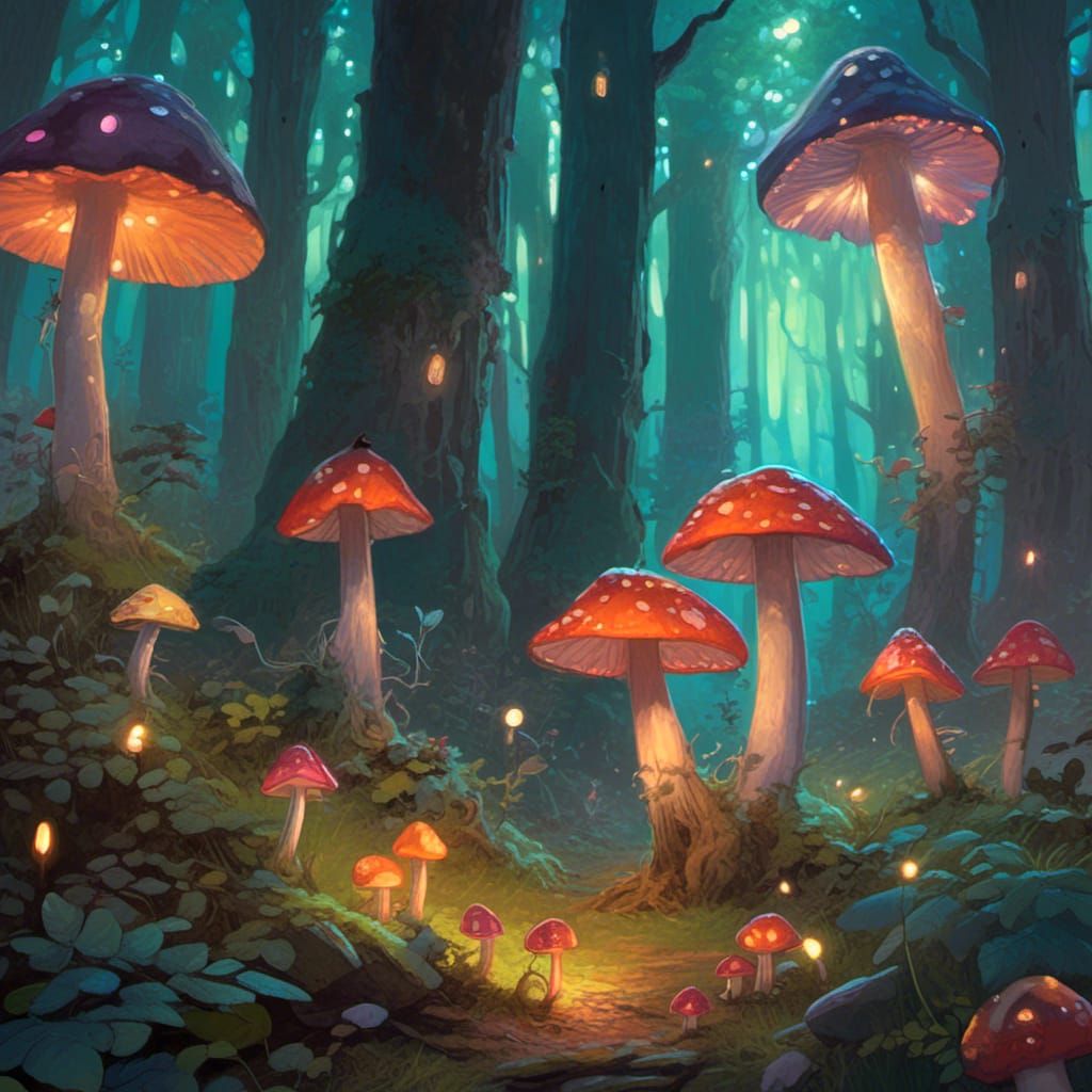 Colorful Mushroom Creatures Sing in Fantasy Forest
