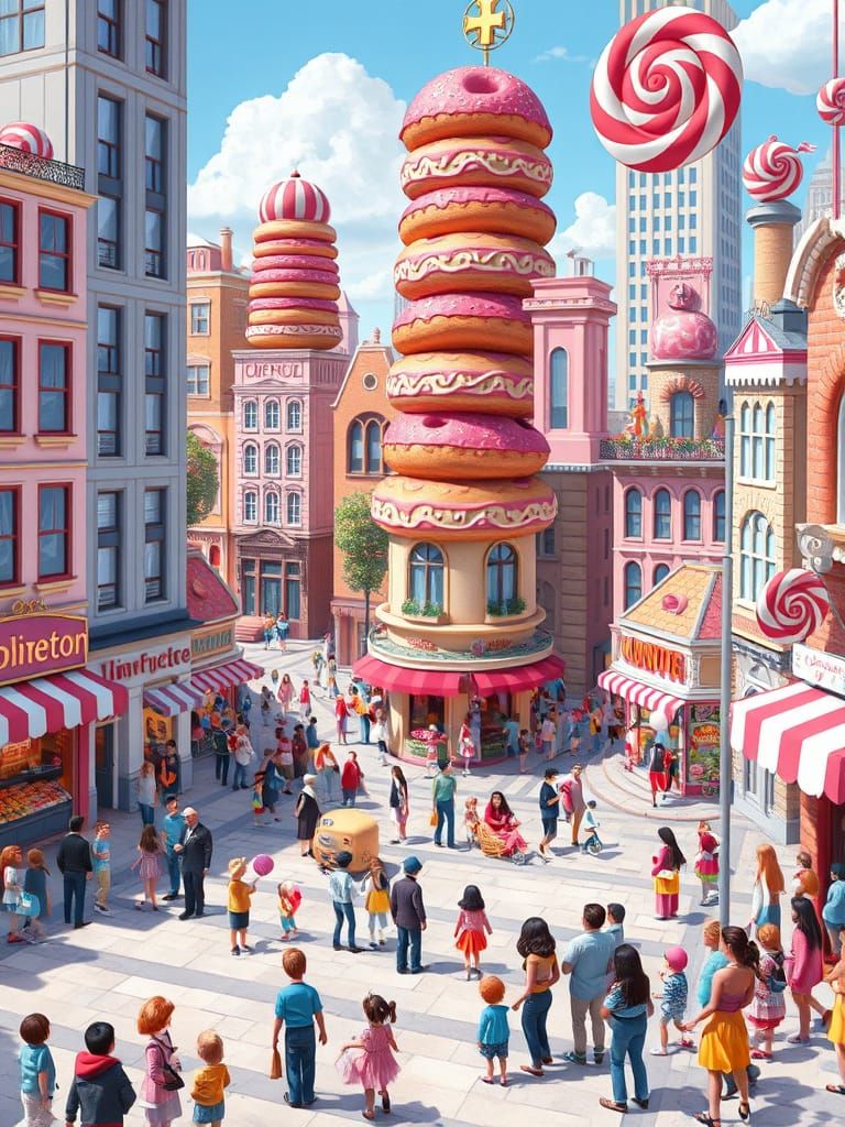 Whimsical Donut Cityscape with Candy Streets