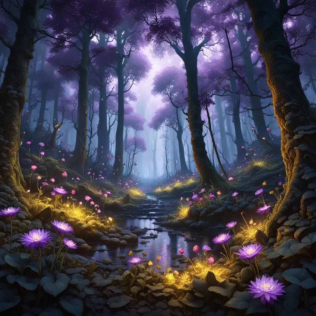 Hyperdetailed Lightning Flowers in Dark Fantasy Forest