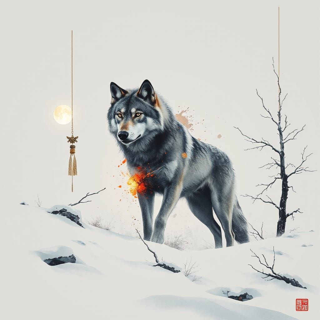 Mysterious Wolf Under Full Moon in Chinese Ink Style