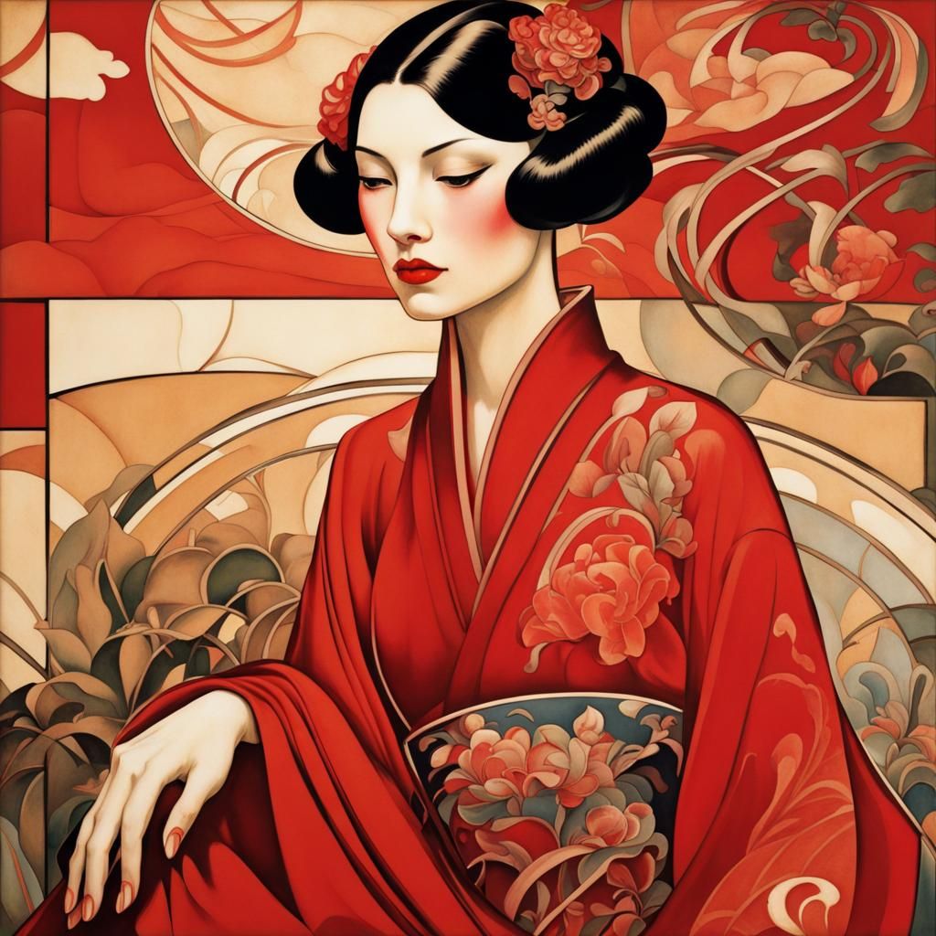 Art Deco Chinese Lady in Red Hanfu