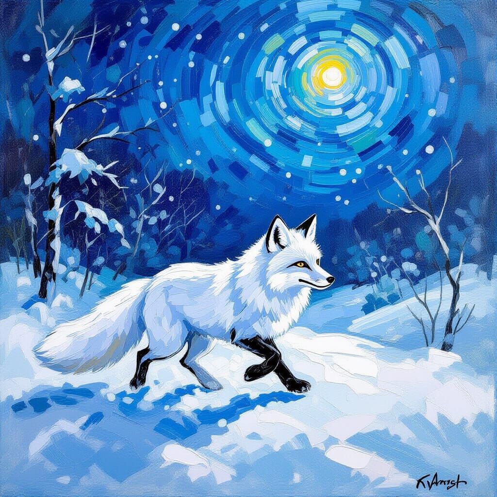 White Fox Runs Through Winter Storm in Impasto Style