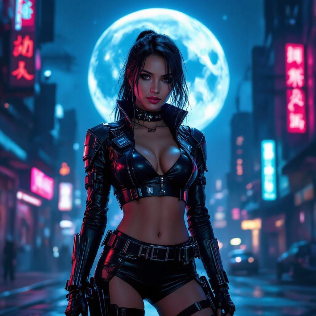 Blue Moon in Cyberpunk Cityscape