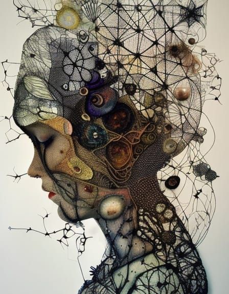 Intricate Textile Art Woman Portrait with Geometric Elements
